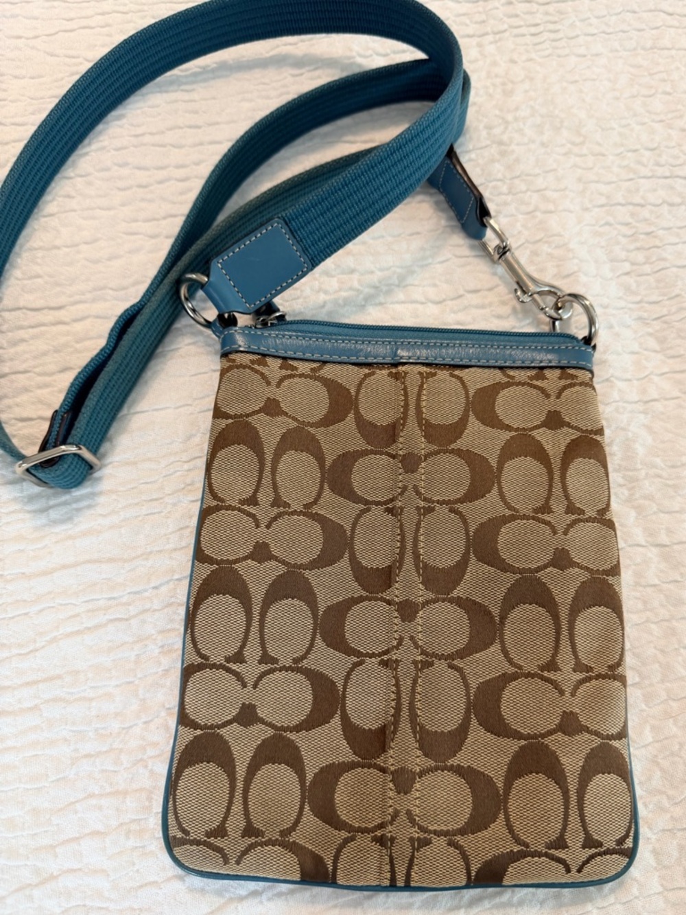 Coach Tan Signature Crossbody with Blue Leather Accents - Picture 2 of 8